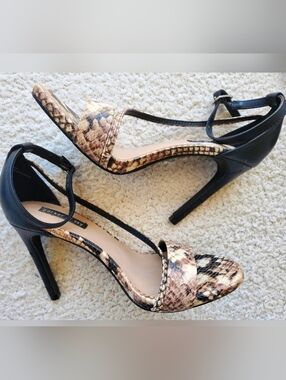 Parker & Sky Snake Animal Print Black and Brown High Heel Sandals